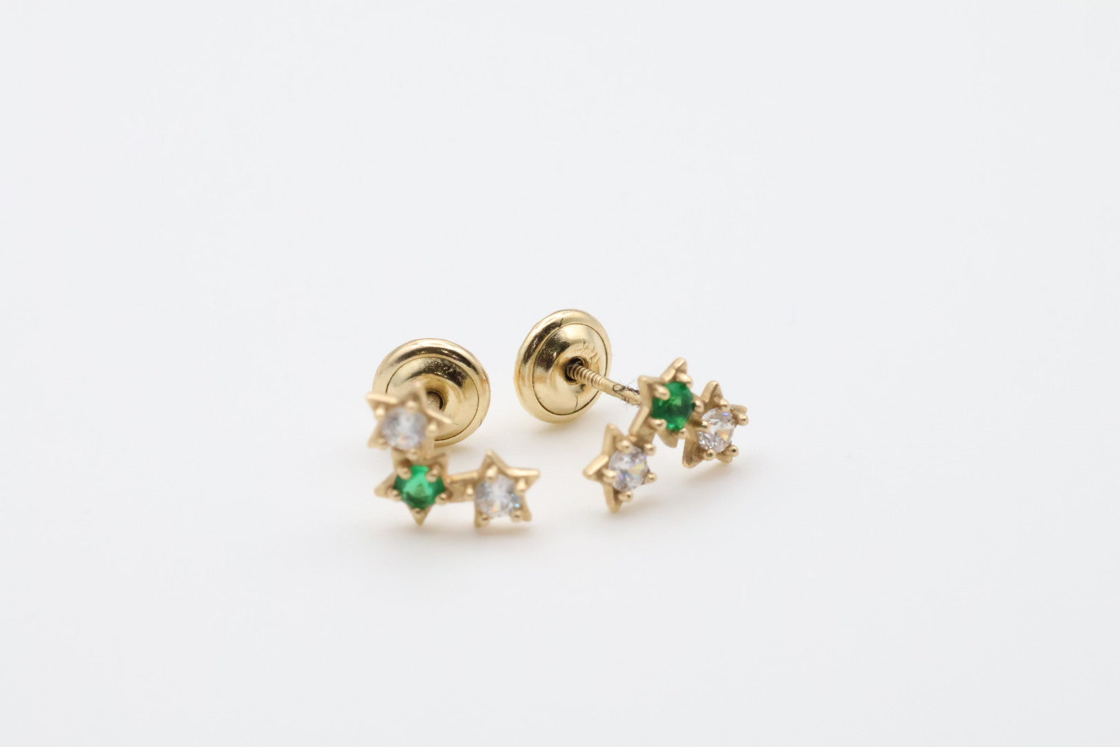 Aretes Estrellas 14kt zirconia, Blanco y Verde Size 9mm