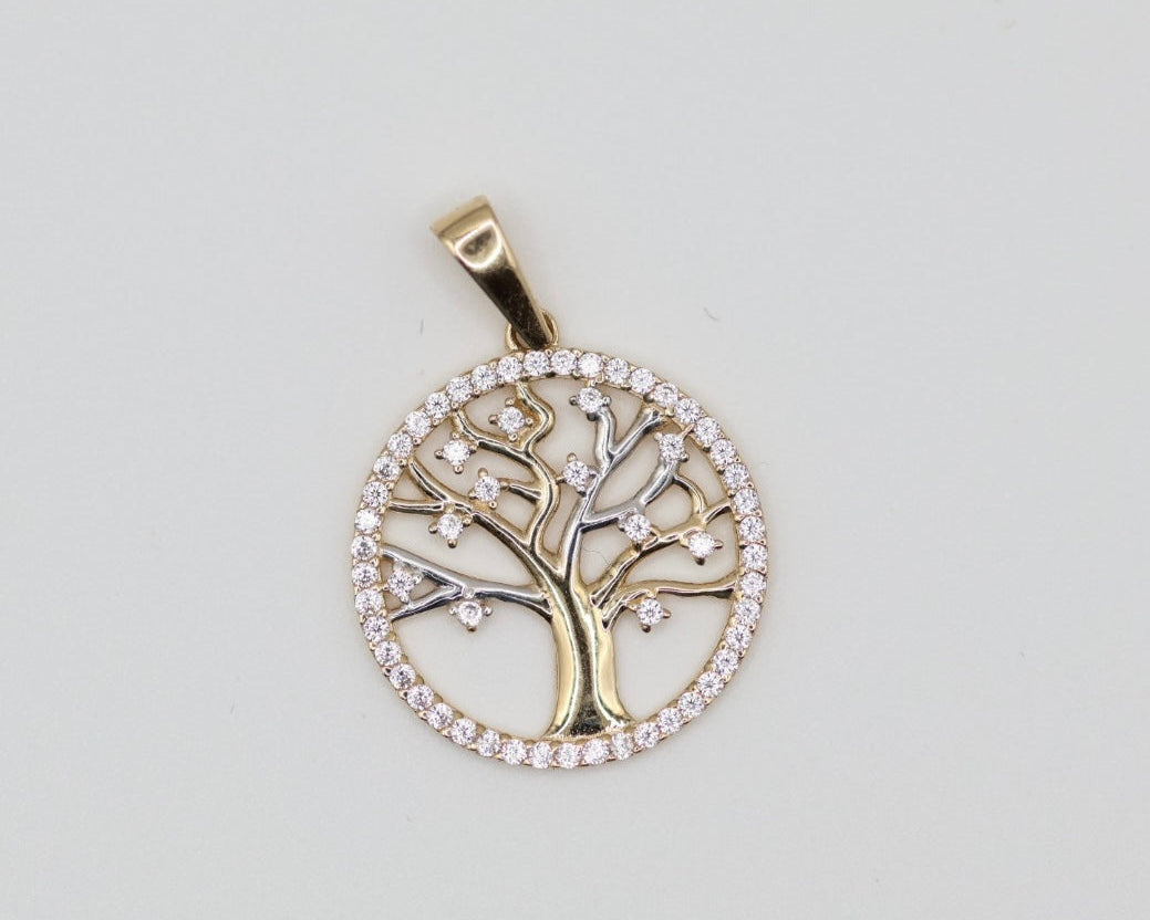 Dijes Arbol de la vida 14kt zirconia Size 16mm Weight 1.7g